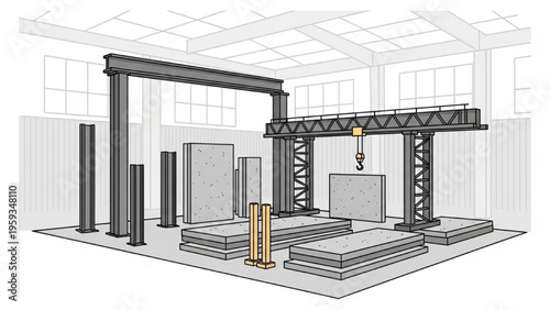 Construction workers assemble large concrete blocks in a warehouse using a crane
