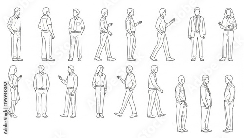 Various business people walk and stand with devices in office settings.