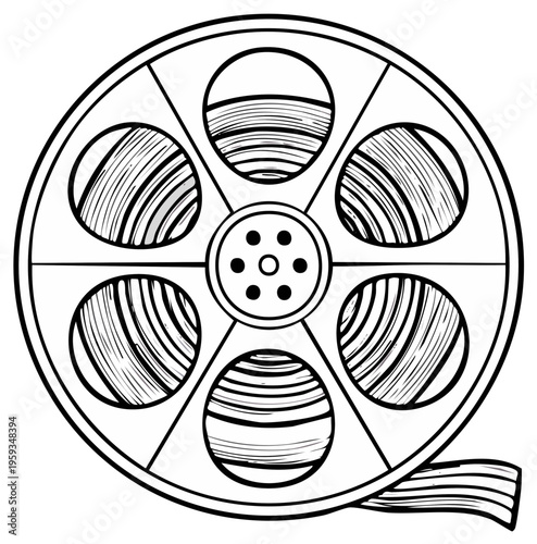 Black and white illustration of a film reel with movie tape showing concept for cinema, films, and movies.