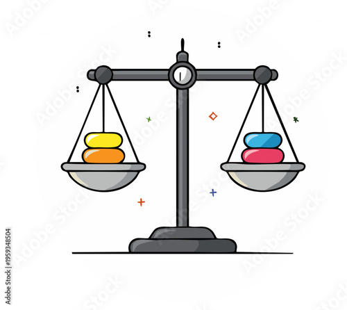 A balance scale with uneven stacks of colorful oval shapes on each pan