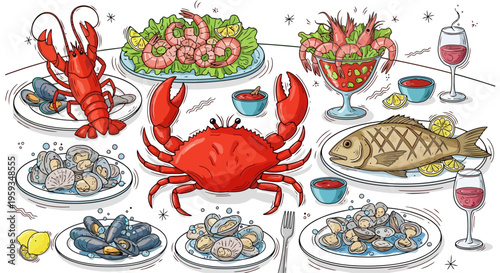 Hand-drawn seafood platter illustration, fresh lobster and crab on dinner table, gourmet fish and shellfish banquet vector, mediterranean restaurant menu art