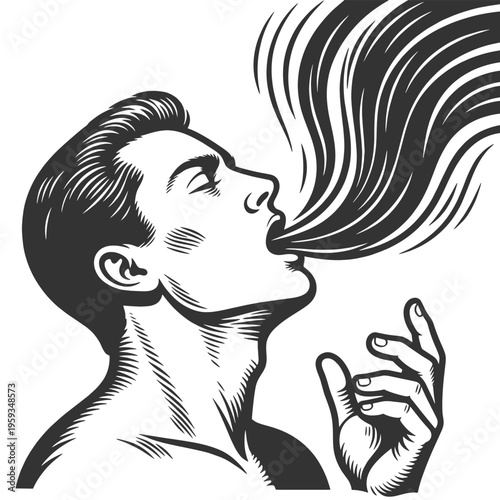 person exhaling flowing smoke, release, addiction, breath, expression, or emotional outflow in abstract form. sketch engraving generative ai vector illustration. Scratch board. Black and white image.