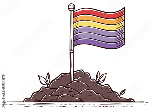 Rainbow Pride Flag Planted in Fertile Earth with Sprouting Leaves Symbolizing Growth and Hope