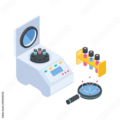 Modern isometric illustration representing medical research laboratory testing and scientific analysis