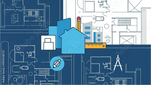 A blue house with construction tools on a detailed architectural plan background