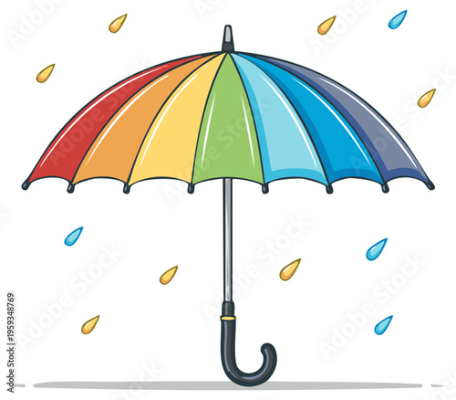 Colorful rainbow umbrella protecting from falling raindrops