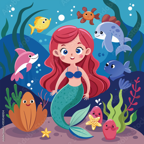 Cartoon mermaid, underwater scene, colorful fish, sea creatures, vector illustration