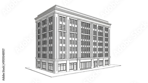 An illustration of a large building with many windows stands on a flat surface.