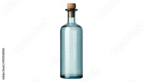 Clean blue glass bottle with natural cork lid, ideal for product packaging design concept