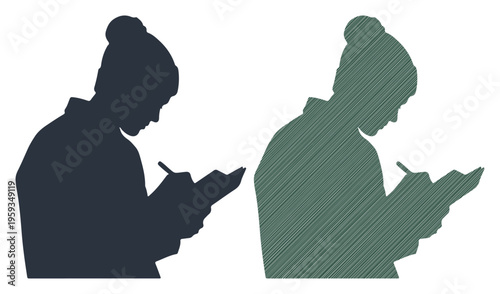 Focused person writing in a notebook, depicted in silhouette and hatched illustration styles.