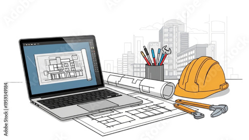 Construction planning on a laptop with blueprints and safety gear nearby indoors