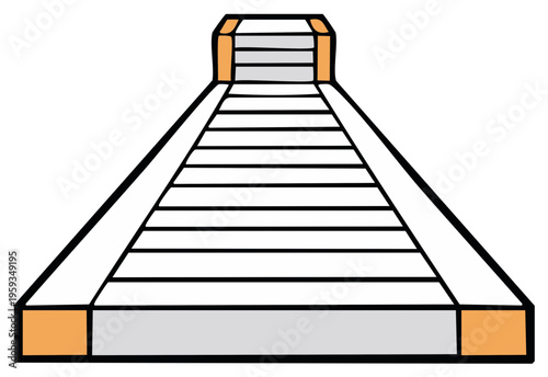 Ascending steps towards a brightly lit upper platform with orange accents