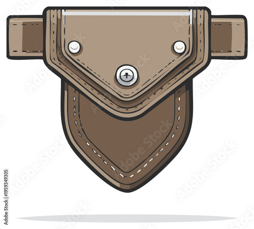 Brown leather pouch with buckle straps and a secure flap closure, cartoon vector illustration.