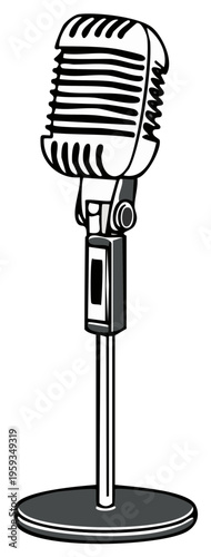 Vintage microphone on stand retro recording equipment for broadcasting or performance