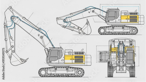 Heavy machinery excavator illustrations showcase various views and components.