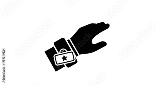 Hand with star rating wristband for evaluation and feedback on white background