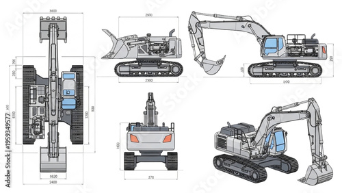 A technical drawing shows various views of a small excavator machine with tracks and a boom.