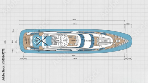 Large yacht sailing on calm waters with detailed deck plans shown
