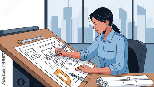 Woman designs architecture blueprint at office desk with city view