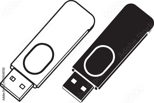 USB flash drives, black and white, vector illustration, removable storage devices isolated PNG with Transparent Background