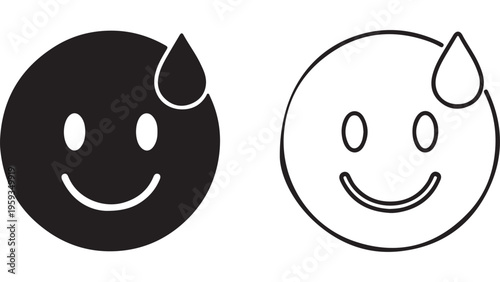 Smiling face with a teardrop, black and white outline