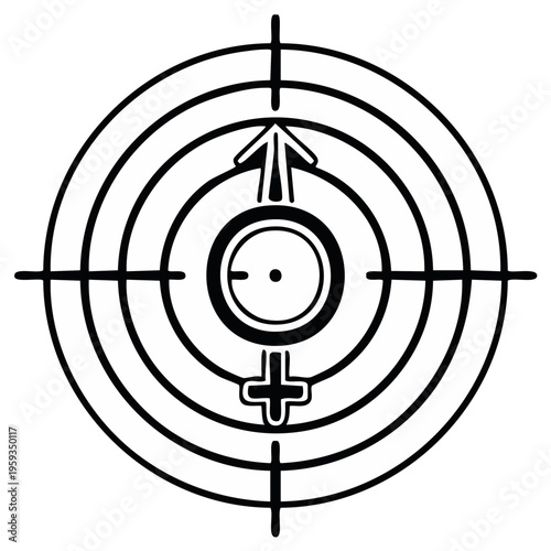Target Focus Symbol Combining Male and Female Gender Signs at Center in Black and White