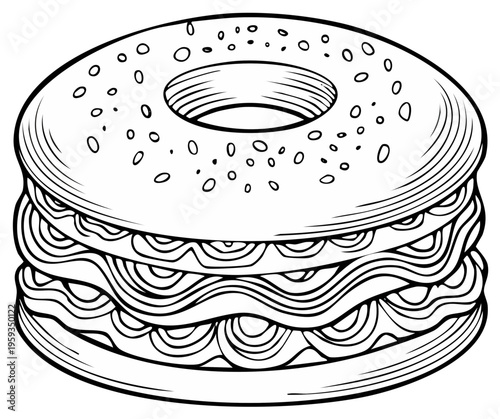 Illustration of a bagel sandwich, black and white