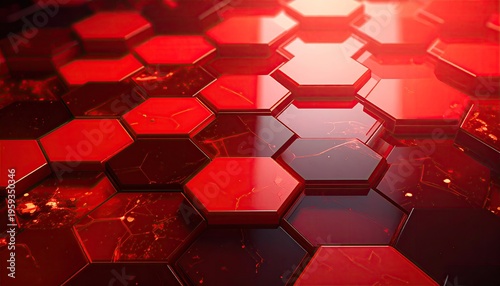 Abstract red/dark hexagons with textured light accents