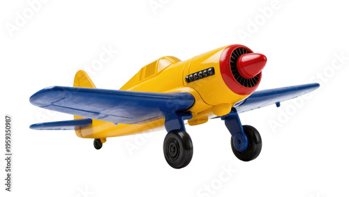 Fotografía Bright yellow and blue plastic toy airplane with red propeller detail for kids p