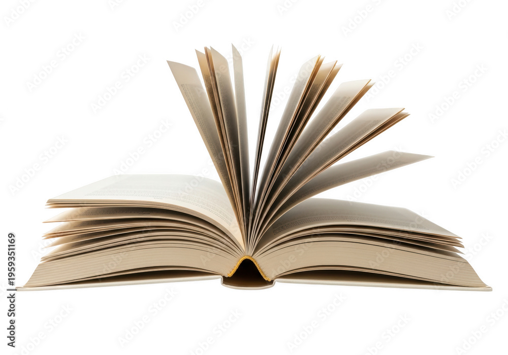 Fototapeta premium An open book with pages fanned out on a transparent background, displaying its yellowed paper and binding