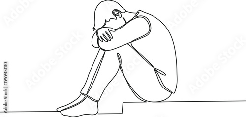 Continuous single line drawing of sad person sitting alone representing loneliness emotion concept minimalist design