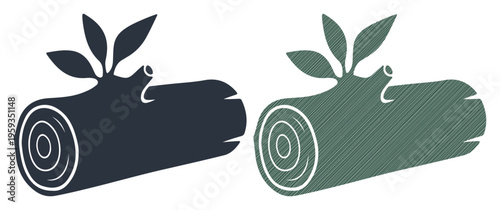 Two stylized logs with sprouting leaves, representing growth and nature.