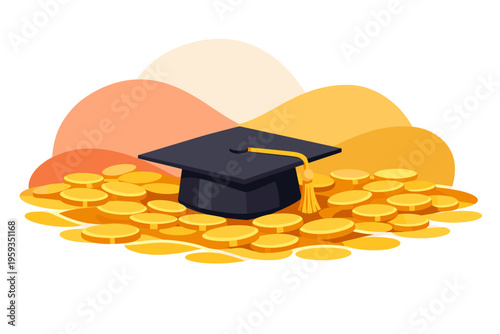 Graduation Cap Sitting On A Pile Of Gold Coins.