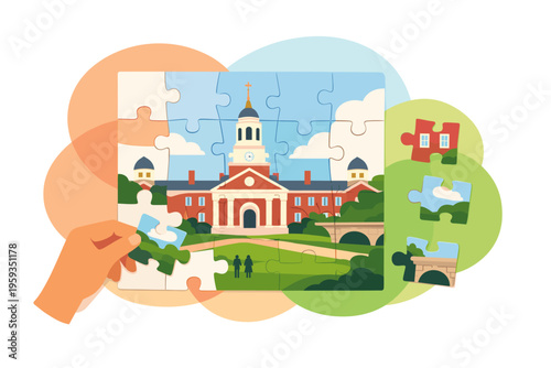 Hand placing last puzzle piece completing town landscape illustration.