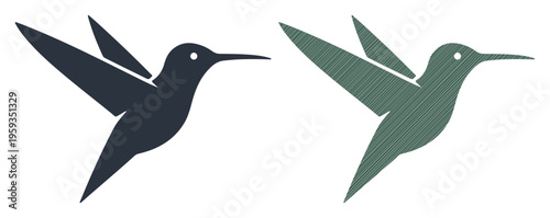 Two stylized hummingbirds in flight, one dark blue, the other green with textured wings.