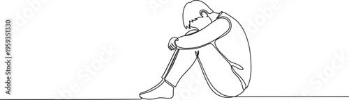 Continuous single line drawing of sad person sitting alone representing loneliness emotion concept minimalist design