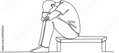 Continuous single line drawing of sad person sitting alone representing loneliness emotion concept minimalist design
