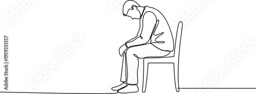 Continuous single line drawing of sad person sitting alone representing loneliness emotion concept minimalist design