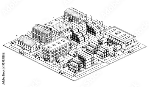 Low poly isometric warehouse map vector black and white contour buildings storage containers