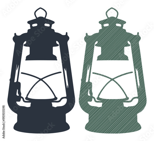 Vintage oil lantern silhouette in dark blue and green tones