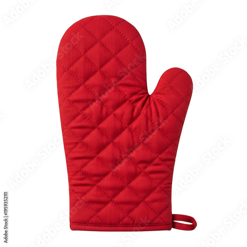 Red quilted oven mitt with thumb and loop isolated on transparent background for kitchen use and cooking protection