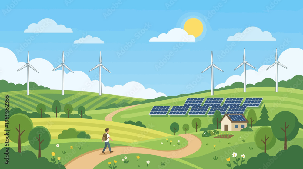 Fototapeta premium Wind Turbine and Solar Energy Landscape Vector