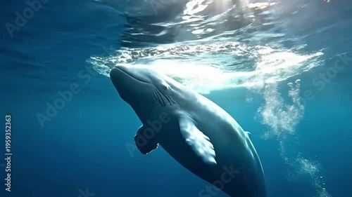 Majestic white beluga whale swimming through deep blue ocean water with beautiful sunlight rays and bubbles surfacing in a serene underwater scene.