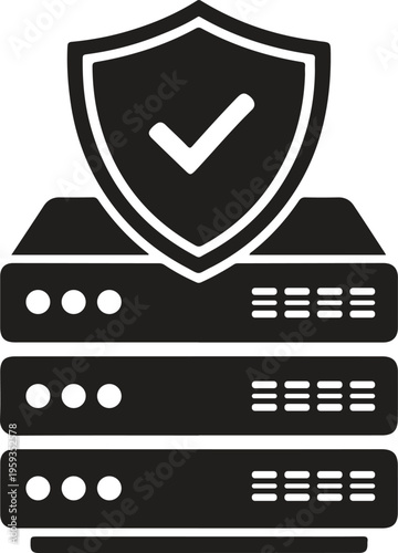 Secure Server Shield Icon – Data Center Protection Symbol, Cyber Security Storage Concept, Minimal Black Vector Design