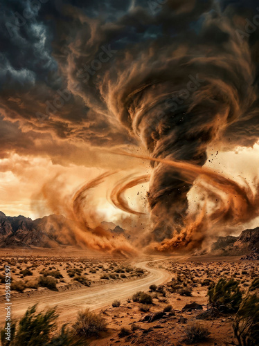 Large dust tornado or sandstorm twister moving across an arid desert landscape with a dirt road, sparse vegetation, rugged mountains, and dark dramatic storm clouds.