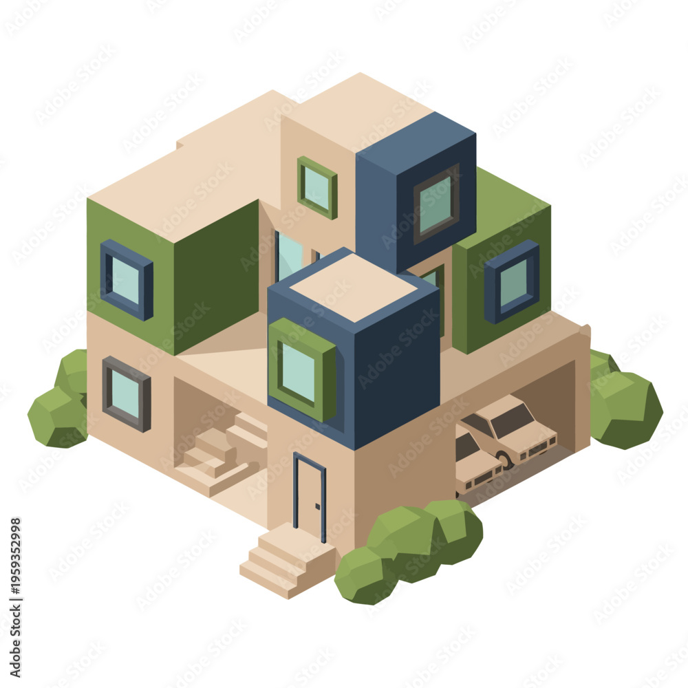 Fototapeta premium A 3D isometric illustration of a modern house.