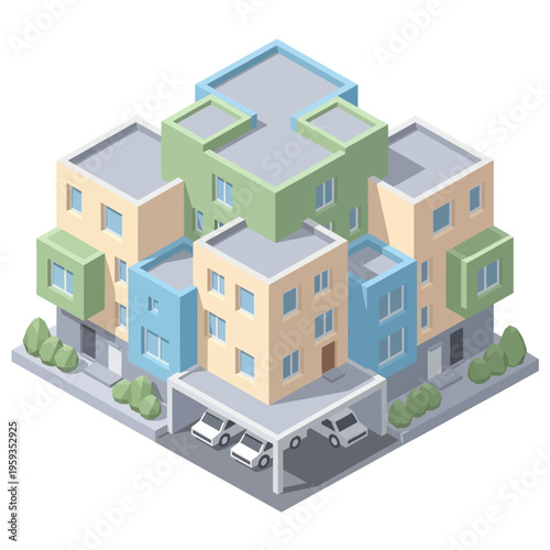 A colorful illustration of modern apartment buildings with parking lot.