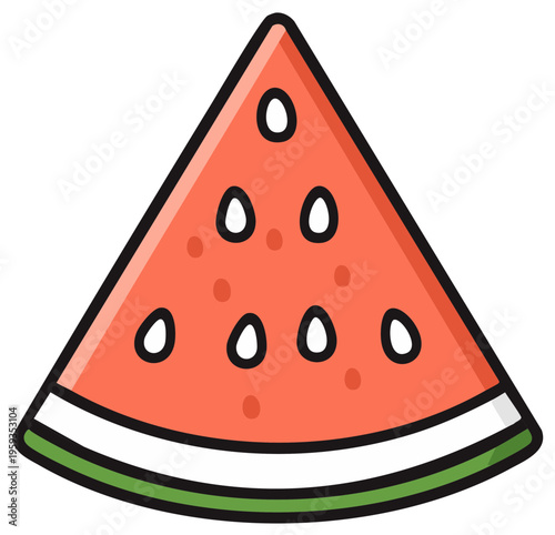 Bright Cartoon Slice of Watermelon with Black Seeds and Green Rind