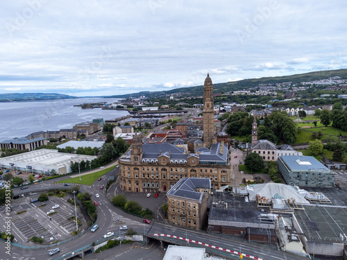 Canvas Print A high-angle view of Greenock town centre in Inverclyde, Scotland, specifically highlighting the Municipal Buildings and the prominent Victoria Tower
