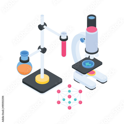 Premium isometric illustration showing scientific research using laboratory microscope